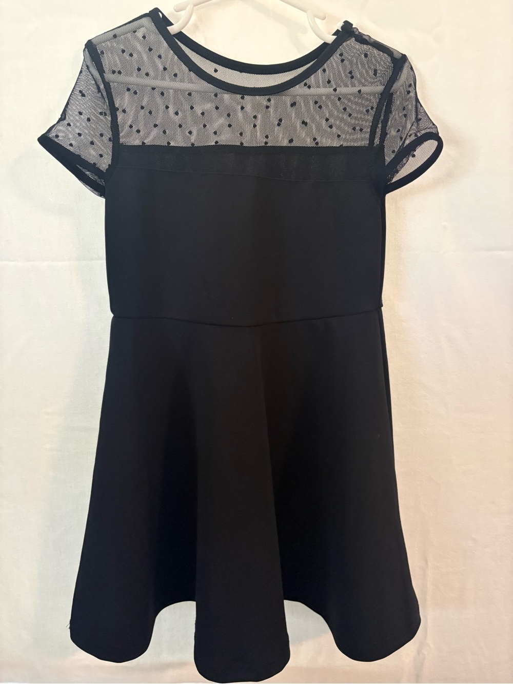 Girls Black Fit-and-Flare Dress with Sheer Polka Dot Yoke